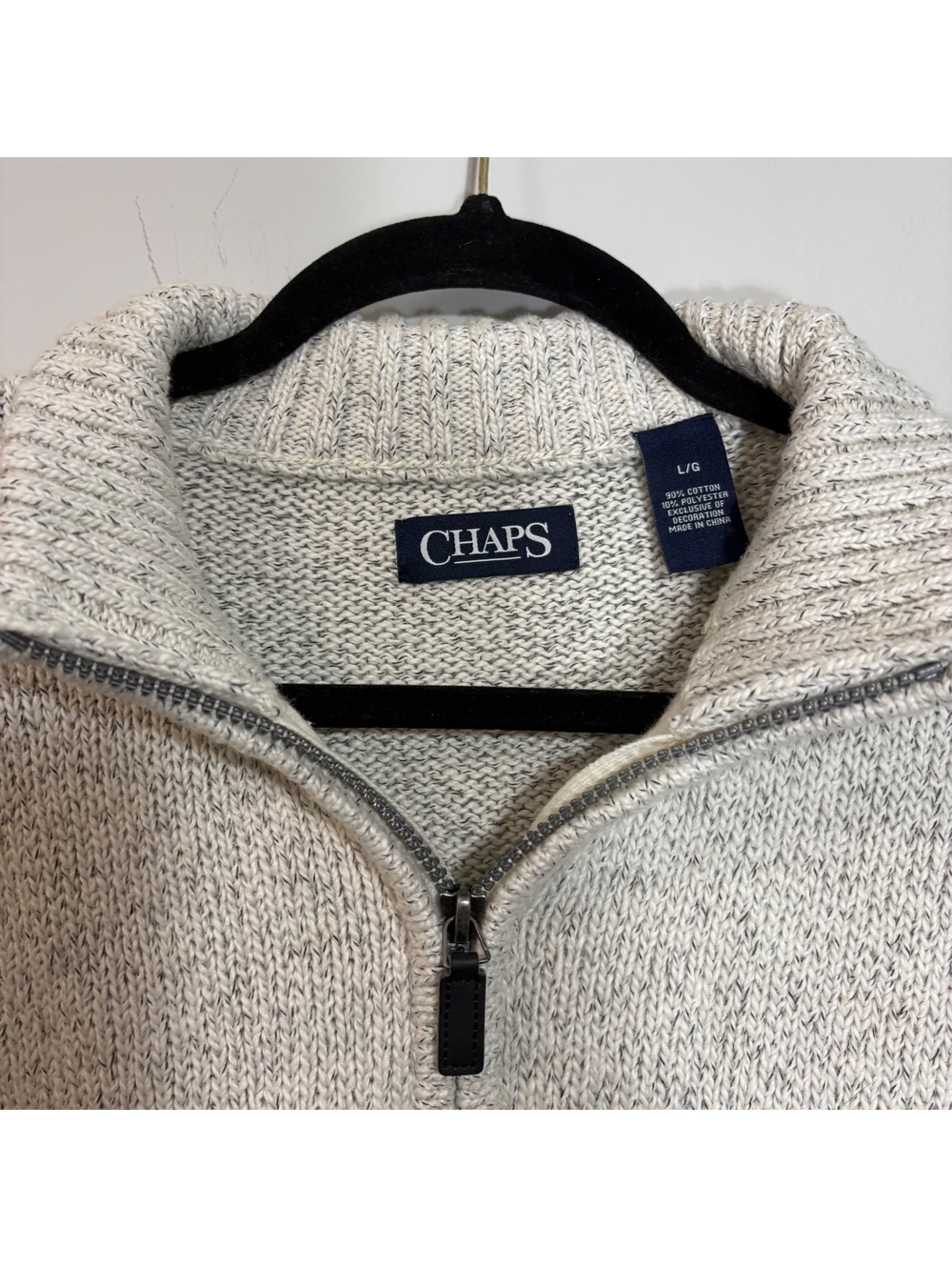 Chaps Men’s L Quarter-Zip Cotton Knit Sweater Cream White Speckled Mock Neck